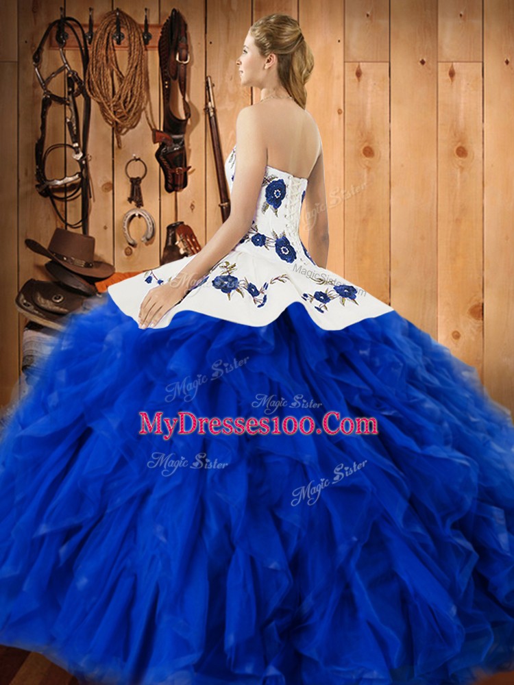 Blue And White Sleeveless Satin and Organza Lace Up Ball Gown Prom Dress for Military Ball and Sweet 16 and Quinceanera