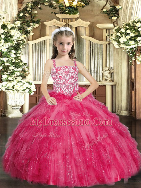 Sleeveless Lace Up Floor Length Beading and Ruffles Kids Formal Wear
