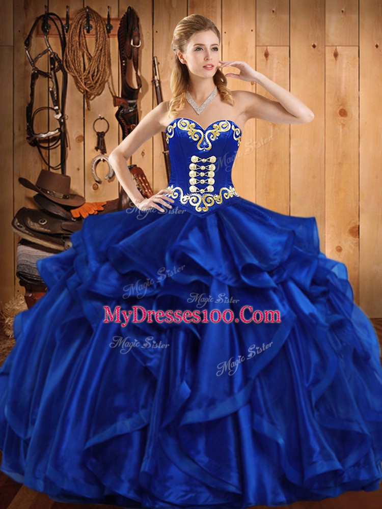 Discount Royal Blue Ball Gowns Embroidery and Ruffles Sweet 16 Quinceanera Dress Lace Up Organza Sleeveless Floor Length