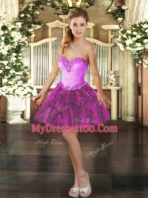 Clearance Sweetheart Sleeveless Prom Homecoming Dress Mini Length Beading and Ruffles Fuchsia Organza