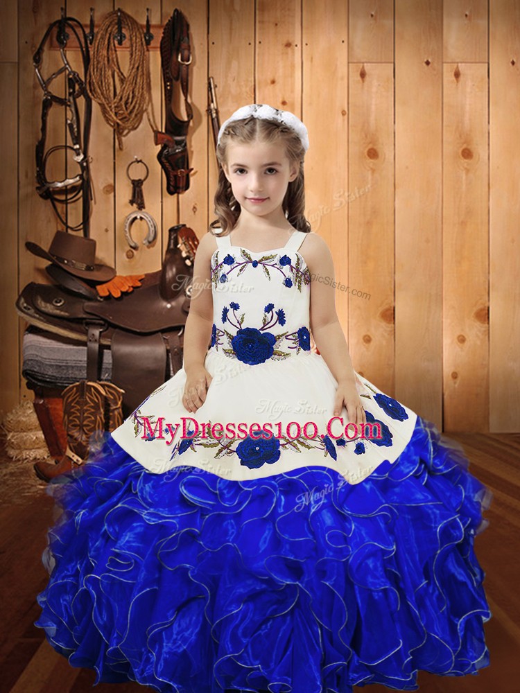 Affordable Embroidery and Ruffles Little Girl Pageant Dress Royal Blue Lace Up Sleeveless Floor Length