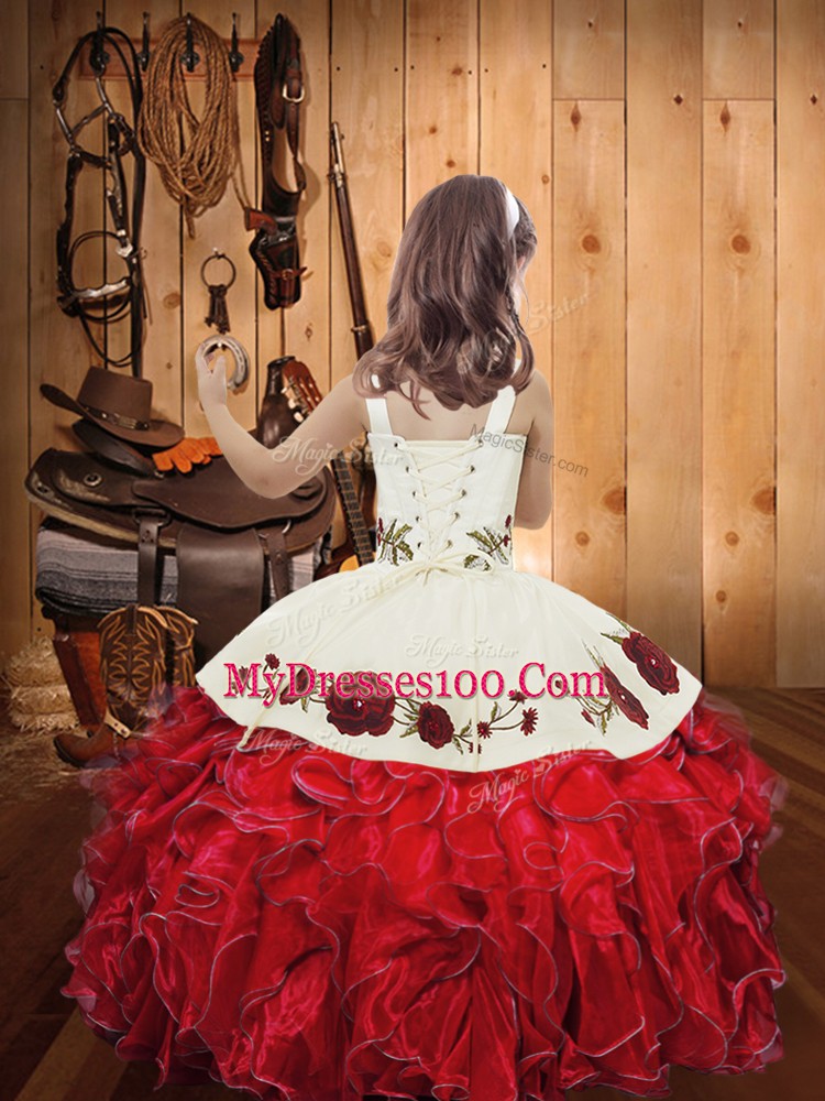 Affordable Embroidery and Ruffles Little Girl Pageant Dress Royal Blue Lace Up Sleeveless Floor Length