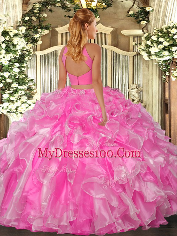 Baby Blue Organza Backless Halter Top Sleeveless Floor Length Quinceanera Dresses Beading and Ruffles