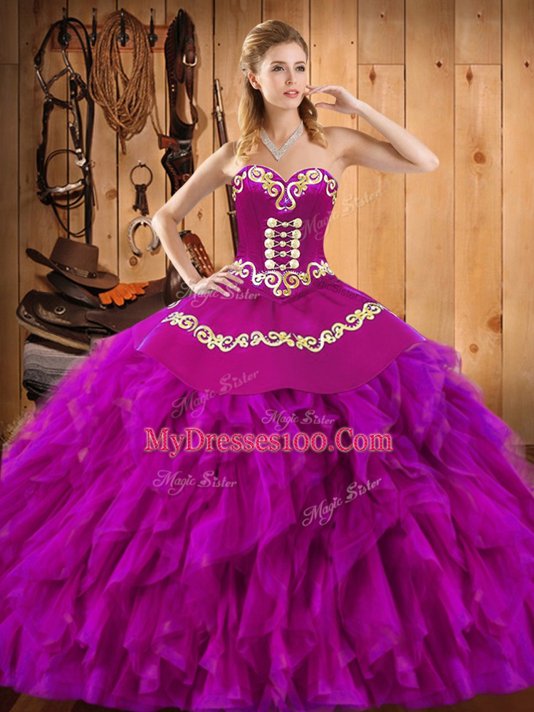 Perfect Fuchsia Sweetheart Lace Up Embroidery and Ruffles Quinceanera Dresses Sleeveless
