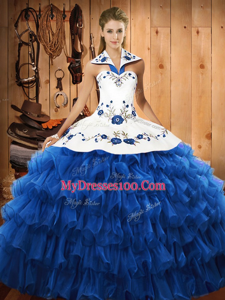 Spectacular Blue Halter Top Lace Up Embroidery and Ruffled Layers Quinceanera Dresses Sleeveless