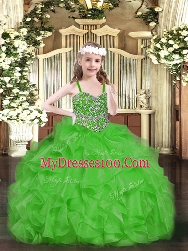 Beading and Ruffles Child Pageant Dress Green Lace Up Sleeveless Floor Length