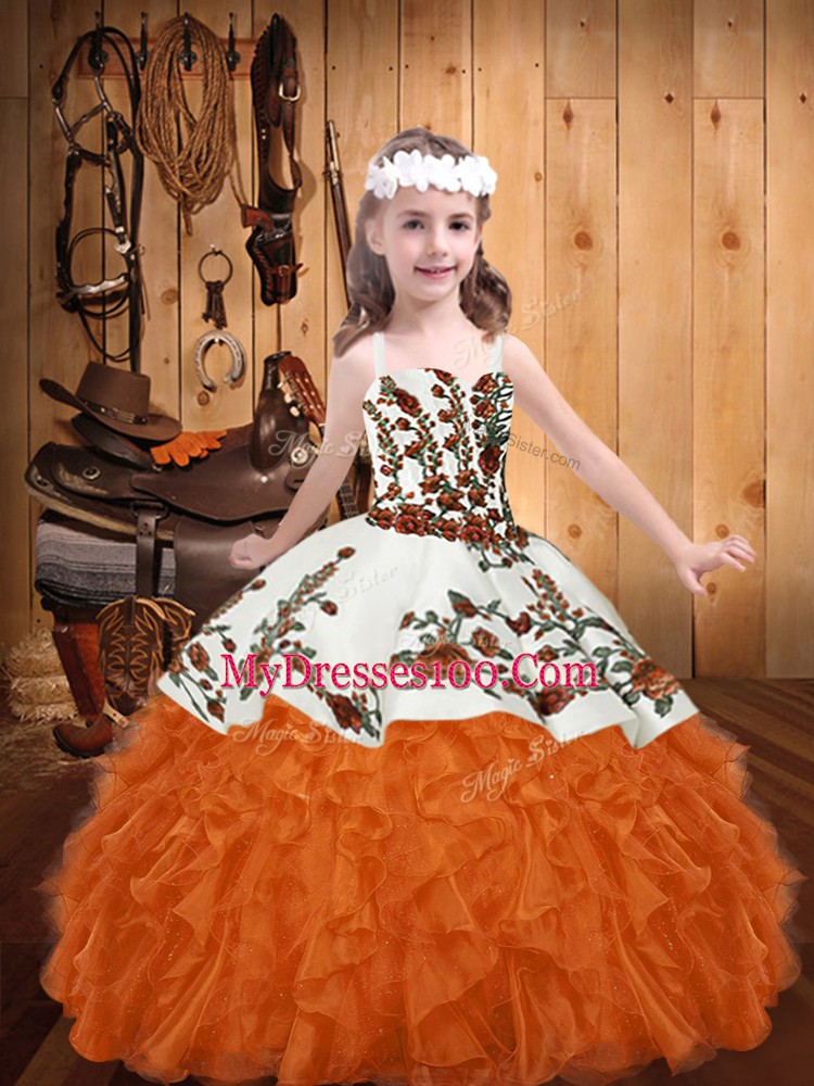 Admirable Orange Red Straps Neckline Embroidery and Ruffles Little Girls Pageant Dress Sleeveless Lace Up