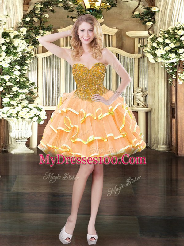 Peach Sleeveless Beading and Ruffled Layers Mini Length Cocktail Dress