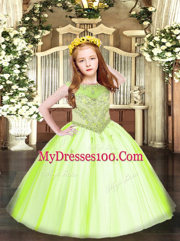 Perfect Scoop Sleeveless Tulle Kids Formal Wear Beading and Appliques Zipper