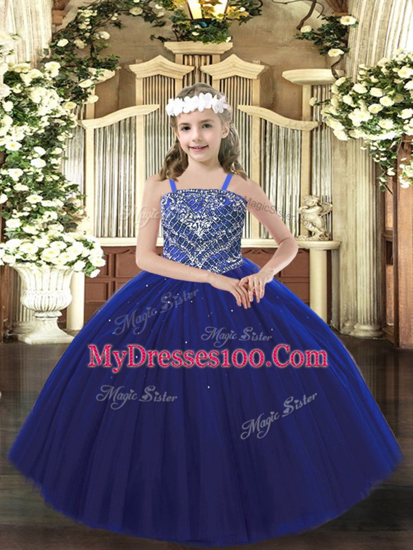 Perfect Royal Blue Tulle Lace Up Straps Sleeveless Floor Length Kids Pageant Dress Beading
