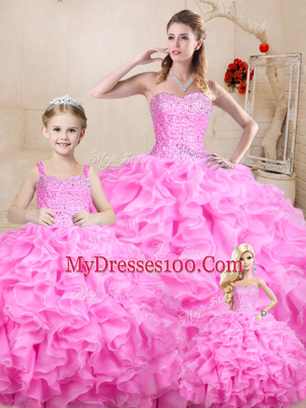 Rose Pink Sleeveless Beading and Ruffles Floor Length Vestidos de Quinceanera
