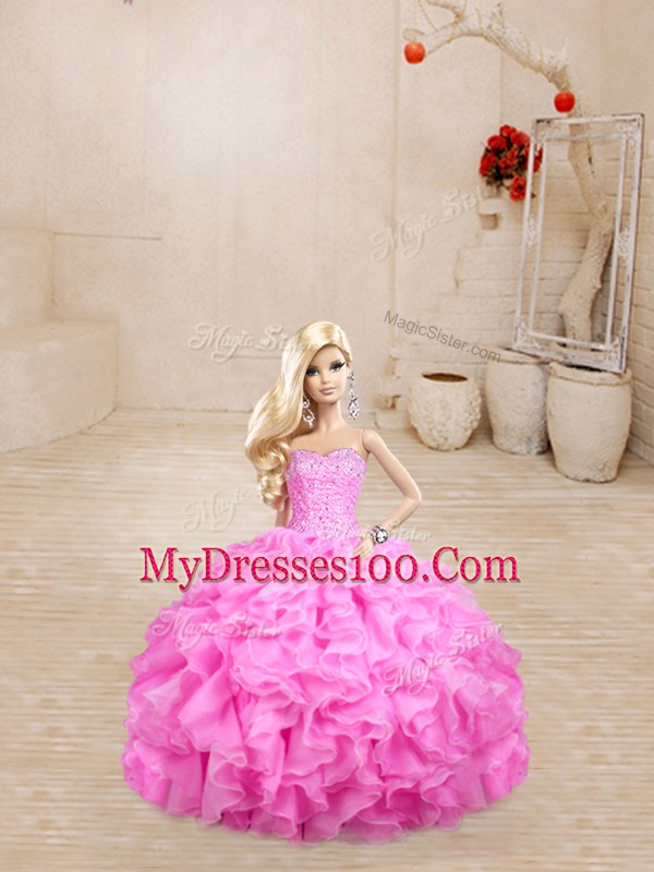 Rose Pink Sleeveless Beading and Ruffles Floor Length Vestidos de Quinceanera