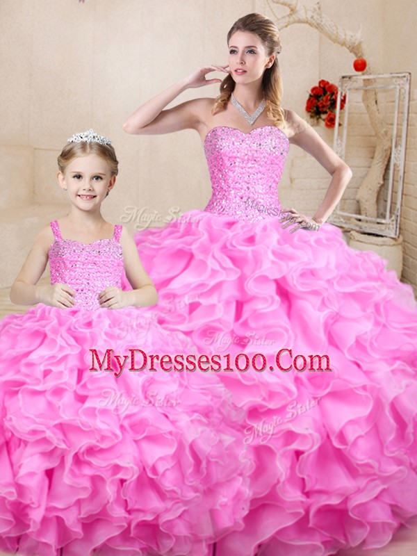 Rose Pink Sleeveless Beading and Ruffles Floor Length Vestidos de Quinceanera
