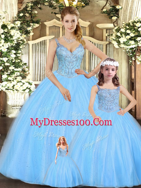 Super Turquoise Sleeveless Floor Length Beading Lace Up Quinceanera Gown