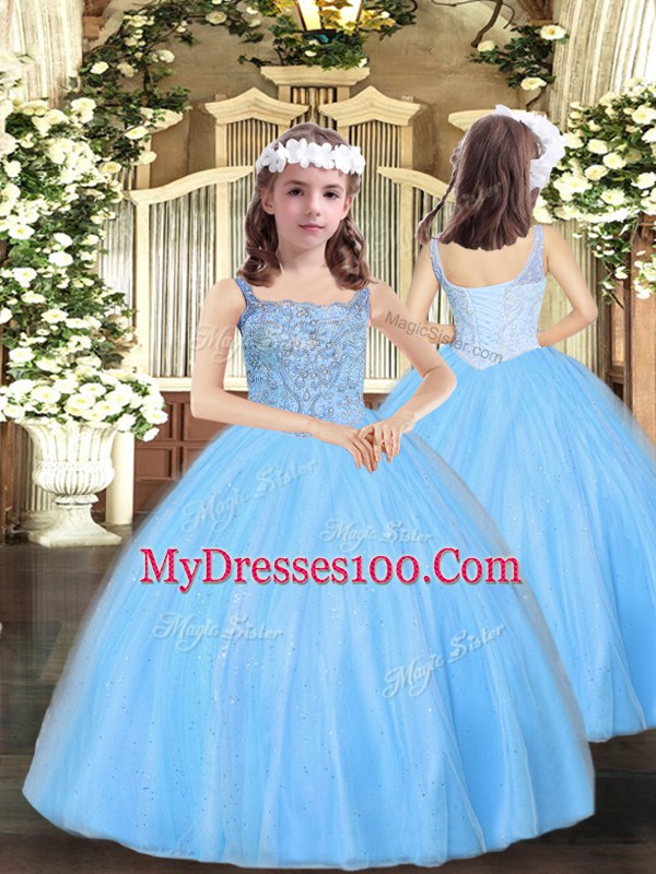 Super Turquoise Sleeveless Floor Length Beading Lace Up Quinceanera Gown