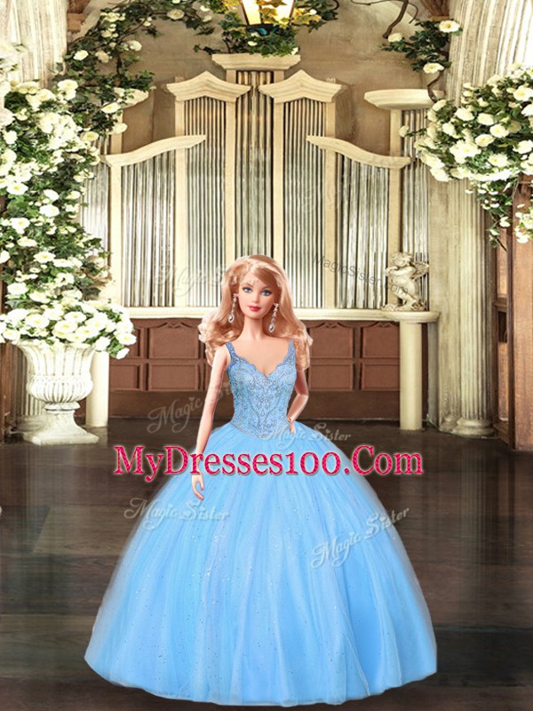 Super Turquoise Sleeveless Floor Length Beading Lace Up Quinceanera Gown