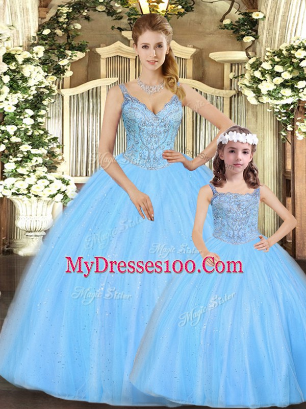 Super Turquoise Sleeveless Floor Length Beading Lace Up Quinceanera Gown
