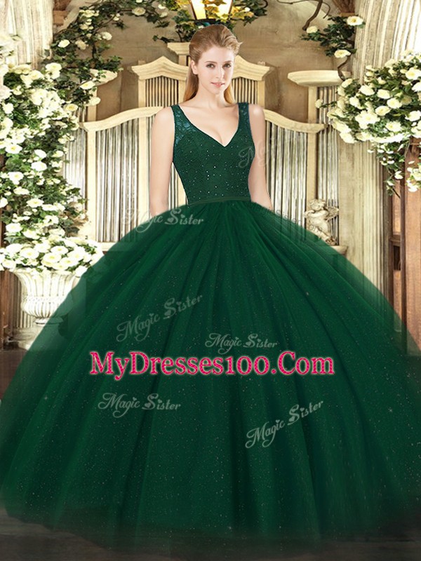 Artistic Floor Length Ball Gowns Sleeveless Dark Green Sweet 16 Dress Zipper