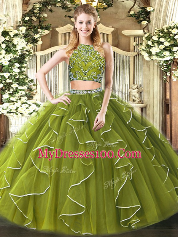 Inexpensive Olive Green Ball Gowns High-neck Sleeveless Tulle Floor Length Zipper Beading and Ruffles Quinceanera Dresses