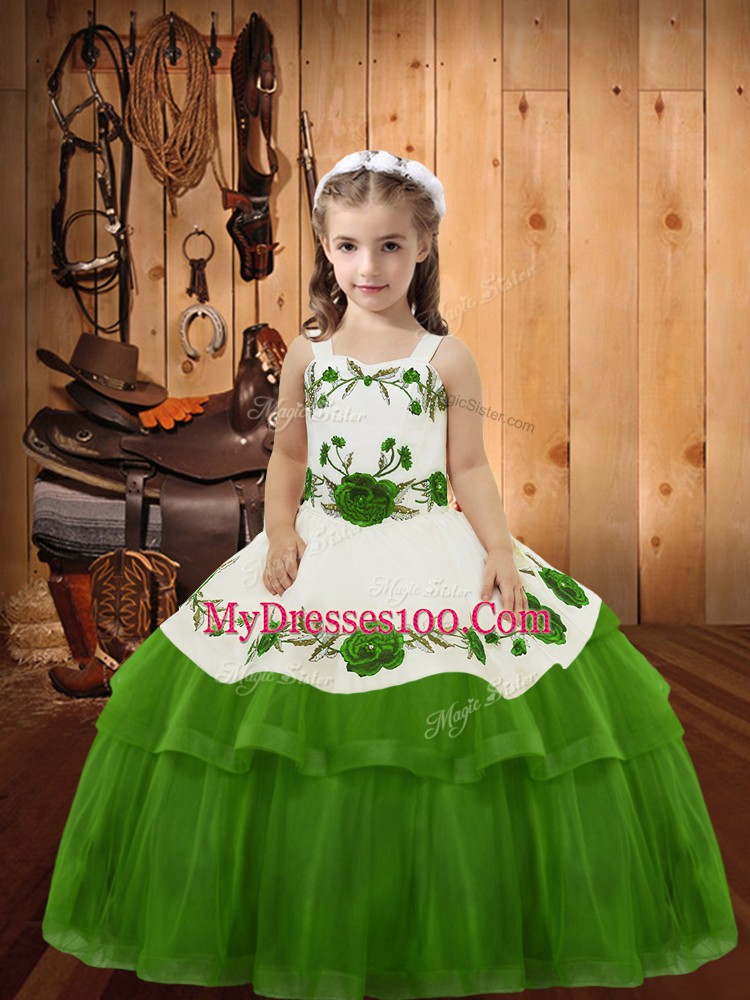 Hot Selling Olive Green Ball Gowns Organza Straps Sleeveless Embroidery and Ruffled Layers Floor Length Lace Up Pageant Dress Wholesale