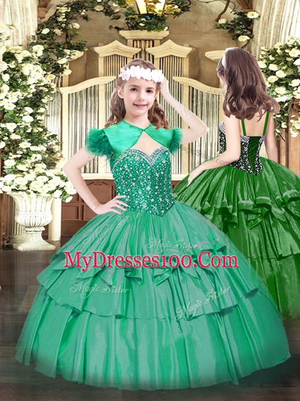 Turquoise Lace Up Girls Pageant Dresses Beading and Ruffled Layers Sleeveless Floor Length