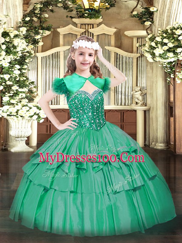 Turquoise Lace Up Girls Pageant Dresses Beading and Ruffled Layers Sleeveless Floor Length