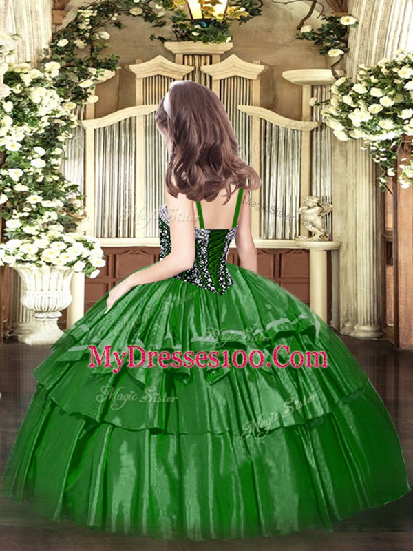 Turquoise Lace Up Girls Pageant Dresses Beading and Ruffled Layers Sleeveless Floor Length