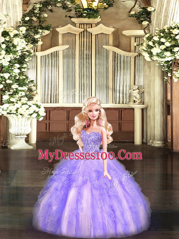 Low Price Floor Length Lavender Sweet 16 Dress Organza Sleeveless Beading and Ruffles