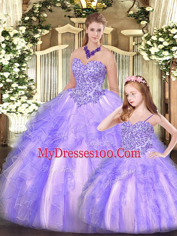Low Price Floor Length Lavender Sweet 16 Dress Organza Sleeveless Beading and Ruffles