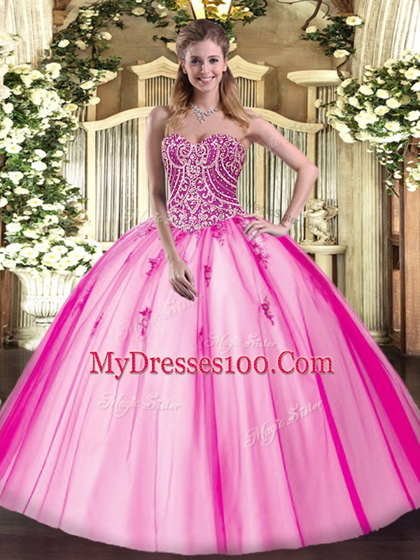 Fabulous Hot Pink Sleeveless Tulle Lace Up Vestidos de Quinceanera for Military Ball and Sweet 16 and Quinceanera