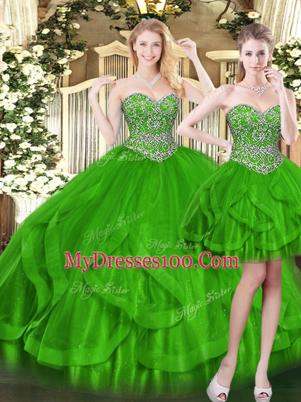 Ball Gowns Sweet 16 Quinceanera Dress Green Sweetheart Tulle Sleeveless Floor Length Lace Up