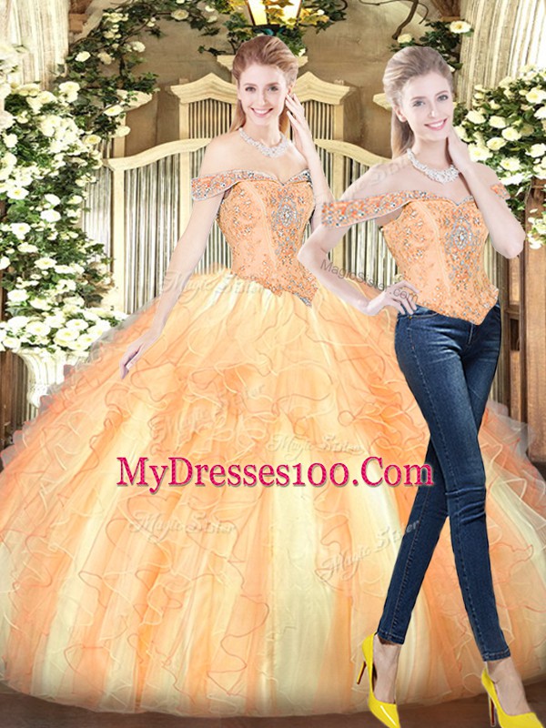 Off The Shoulder Sleeveless Vestidos de Quinceanera Floor Length Beading and Ruffles Gold Organza