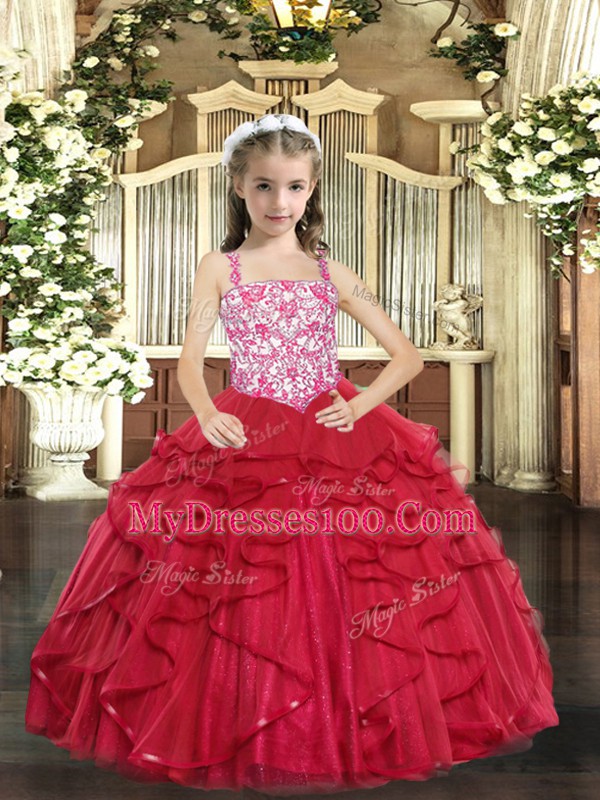 Ball Gowns Girls Pageant Dresses Coral Red Straps Tulle Sleeveless Floor Length Lace Up