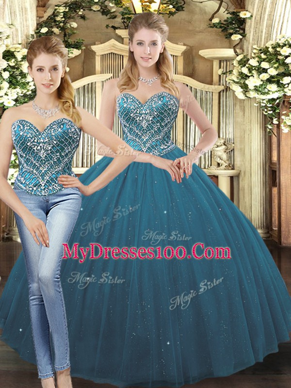 Glorious Floor Length Teal Quinceanera Gowns Sweetheart Sleeveless Lace Up