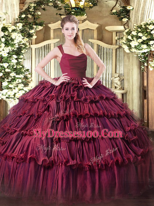 Organza Straps Sleeveless Zipper Ruffled Layers Quince Ball Gowns in Burgundy