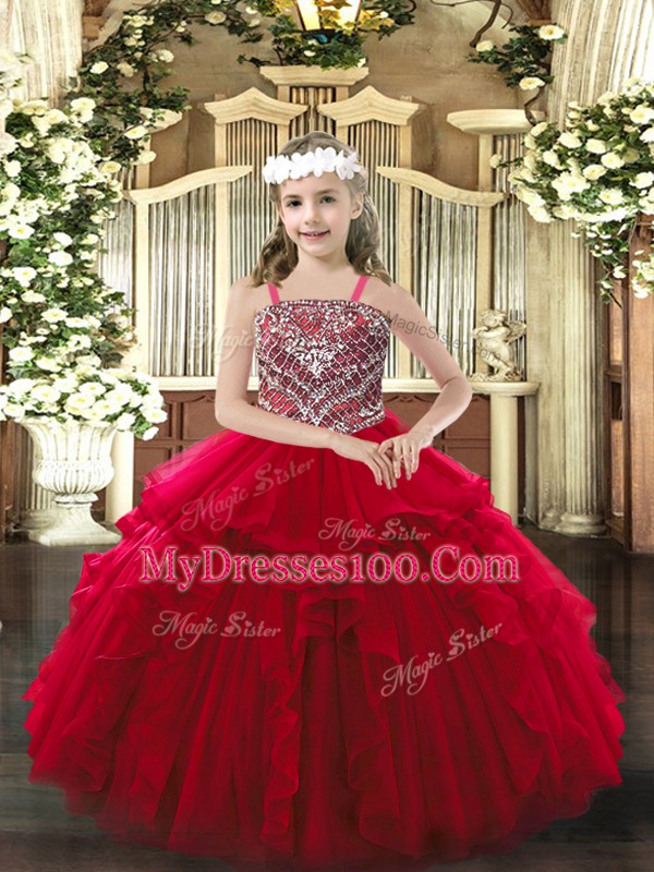 Wine Red Sleeveless Organza Lace Up Little Girls Pageant Dress for Party and Quinceanera