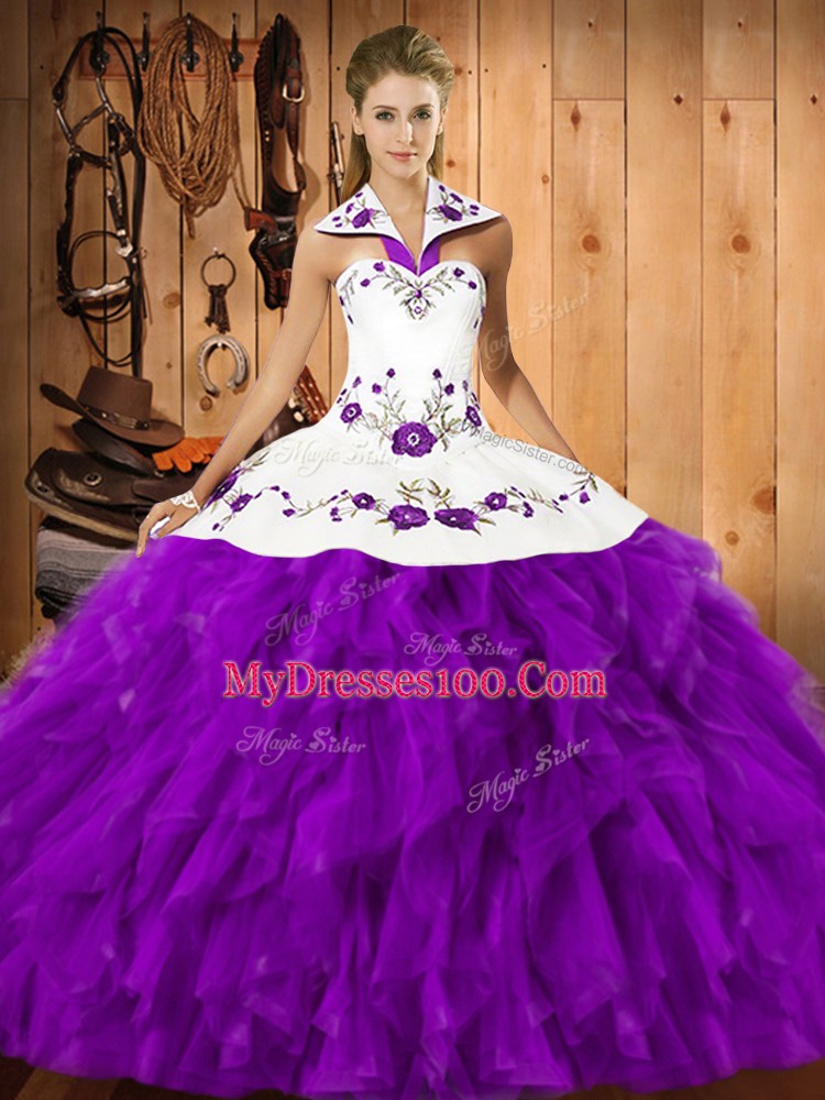Lovely Eggplant Purple Lace Up Halter Top Embroidery and Ruffles Quinceanera Dress Satin and Organza Sleeveless