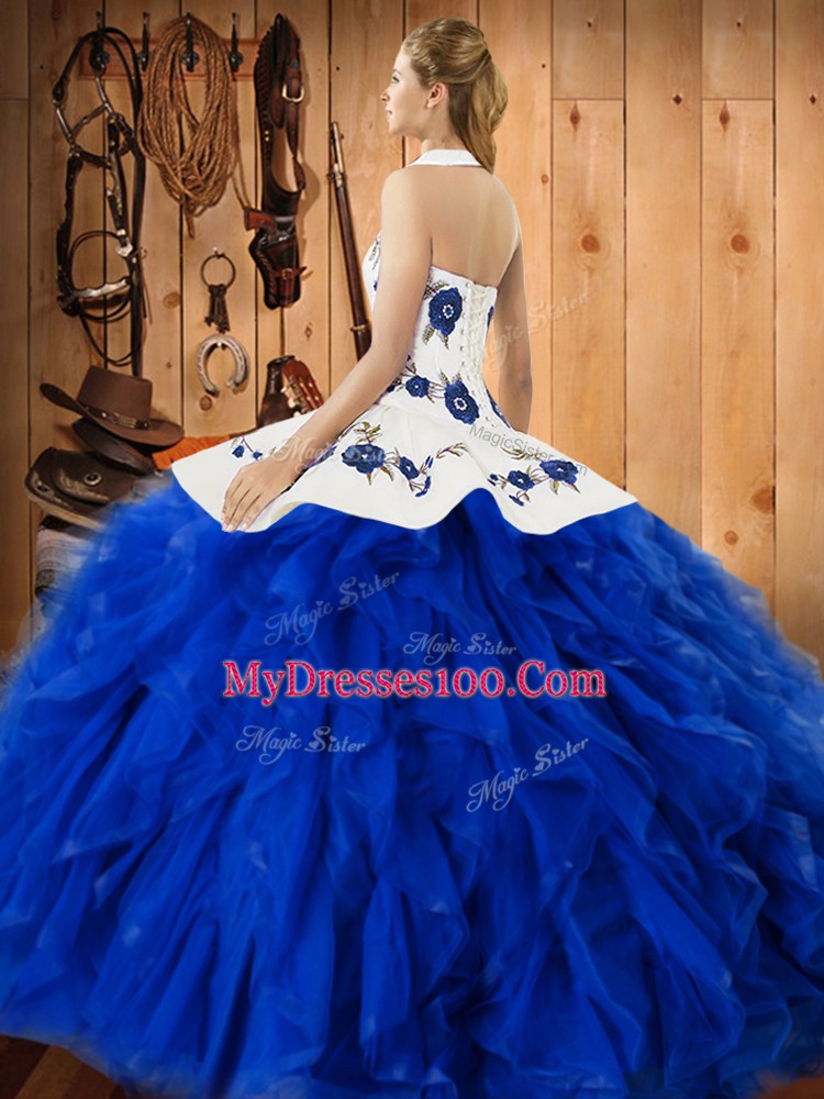 Lovely Eggplant Purple Lace Up Halter Top Embroidery and Ruffles Quinceanera Dress Satin and Organza Sleeveless
