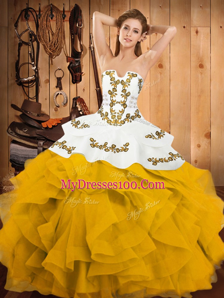 Elegant Yellow And White Lace Up Strapless Embroidery and Ruffles Quinceanera Gowns Satin and Organza Sleeveless