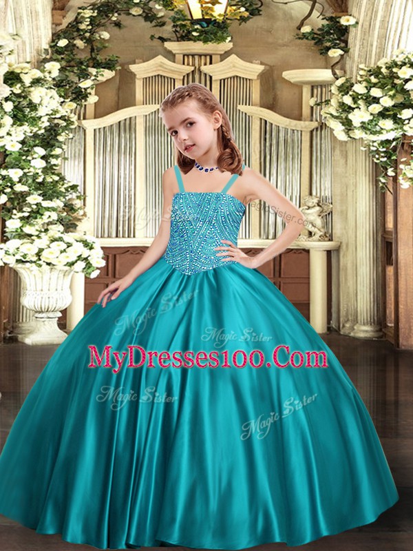 Straps Sleeveless Zipper Kids Formal Wear Teal Satin