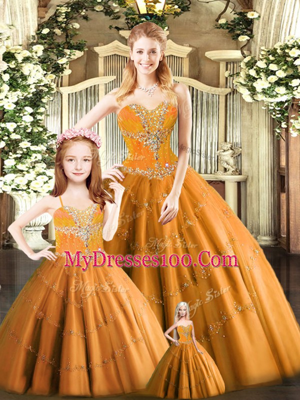 Sweetheart Sleeveless Quinceanera Gown Floor Length Beading Rust Red Tulle