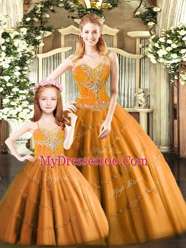 Sweetheart Sleeveless Quinceanera Gown Floor Length Beading Rust Red Tulle