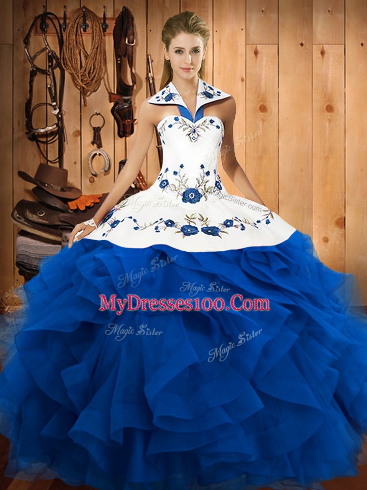 Sleeveless Lace Up Floor Length Embroidery and Ruffles Quinceanera Dress