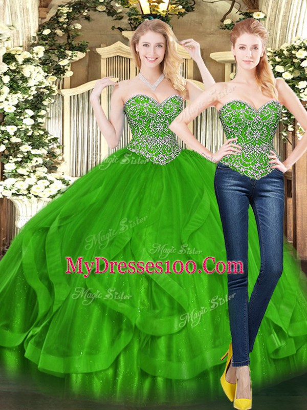 Green Sweetheart Lace Up Beading and Ruffles Quinceanera Gowns Sleeveless