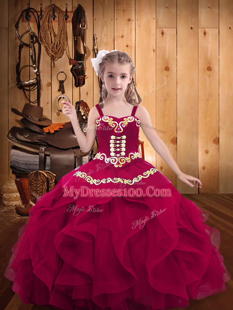 Dazzling Fuchsia Organza Lace Up Child Pageant Dress Sleeveless Floor Length Embroidery and Ruffles