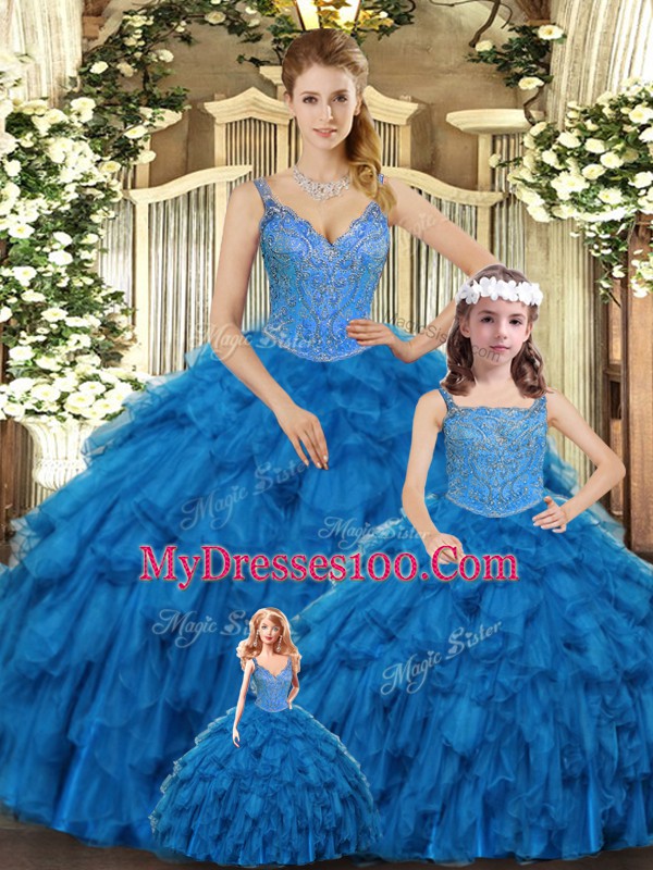 Dynamic Sleeveless Lace Up Floor Length Beading and Ruffles 15th Birthday Dress