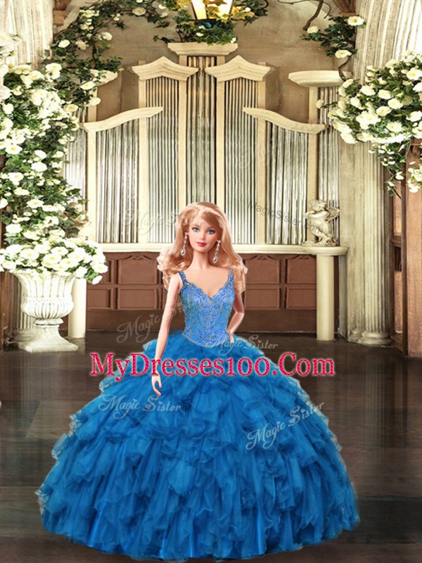 Dynamic Sleeveless Lace Up Floor Length Beading and Ruffles 15th Birthday Dress