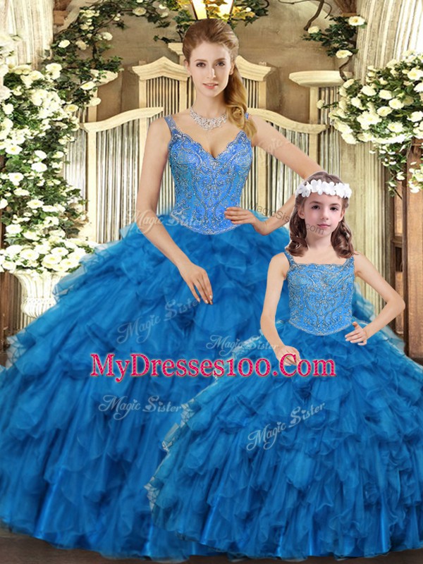 Dynamic Sleeveless Lace Up Floor Length Beading and Ruffles 15th Birthday Dress