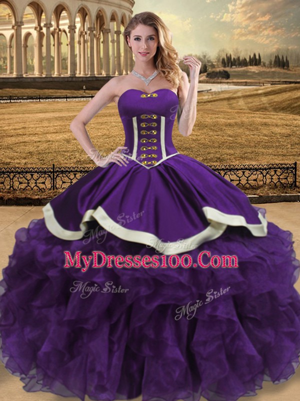 Sweetheart Sleeveless Quinceanera Gown Floor Length Beading and Ruffles Purple Organza