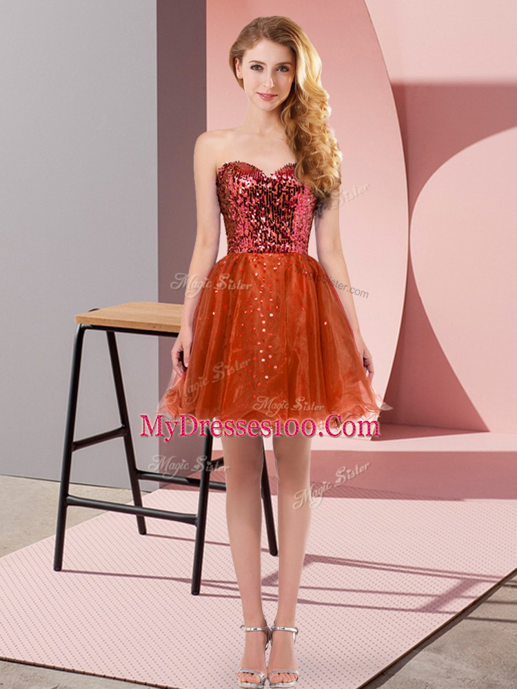 Cheap Red A-line Tulle Sweetheart Sleeveless Sequins Mini Length Zipper Prom Dress